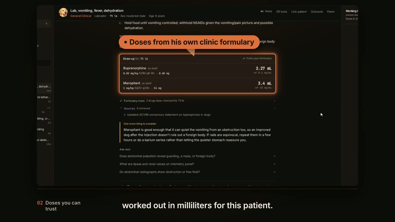 Hearth Consult answering a quick case question: doses for a 75 lb dog drawn from the clinic formulary, worked out in mL