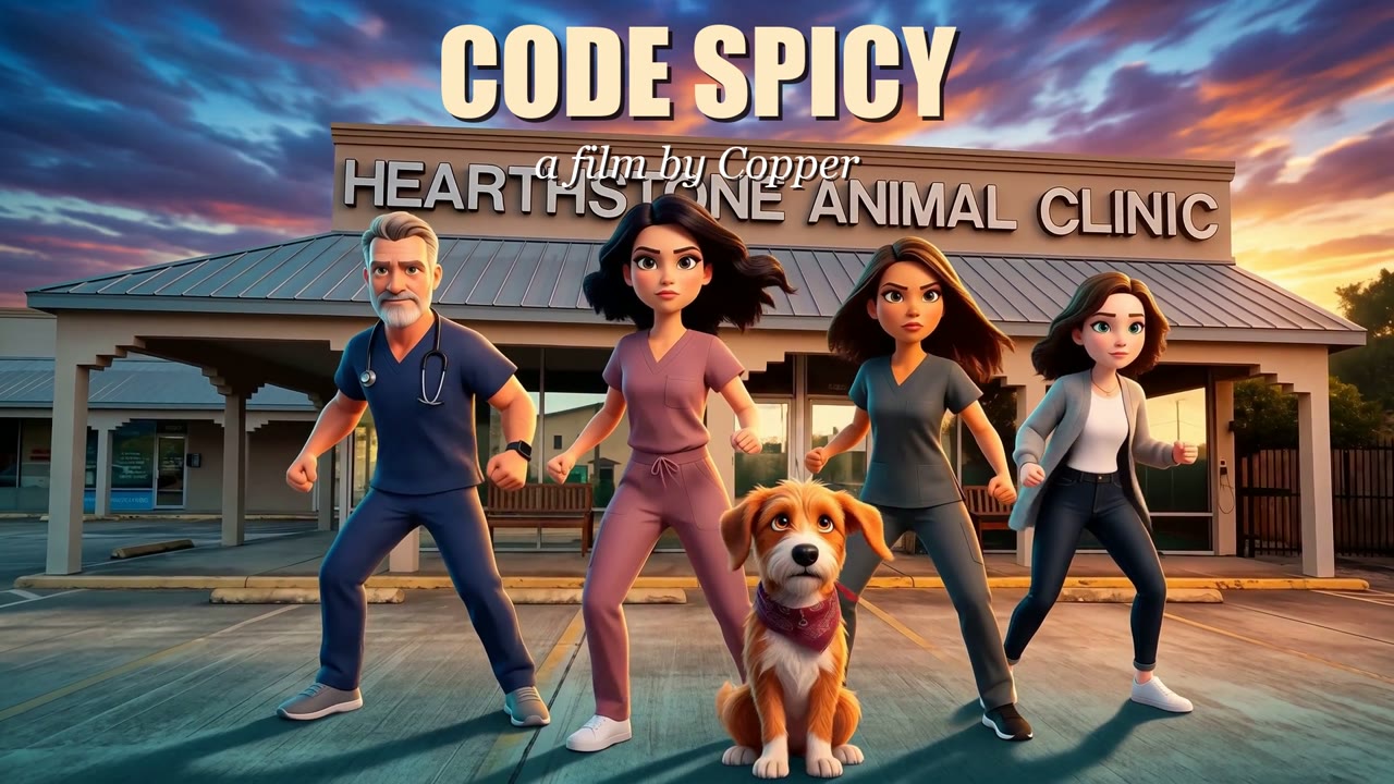 Code Spicy title card: the Hearthstone team and Copper outside the clinic