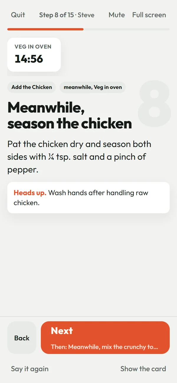 Home Chef Fun kitchen mode on a phone: step 8 of 15, season the chicken, with the vegetable timer counting down