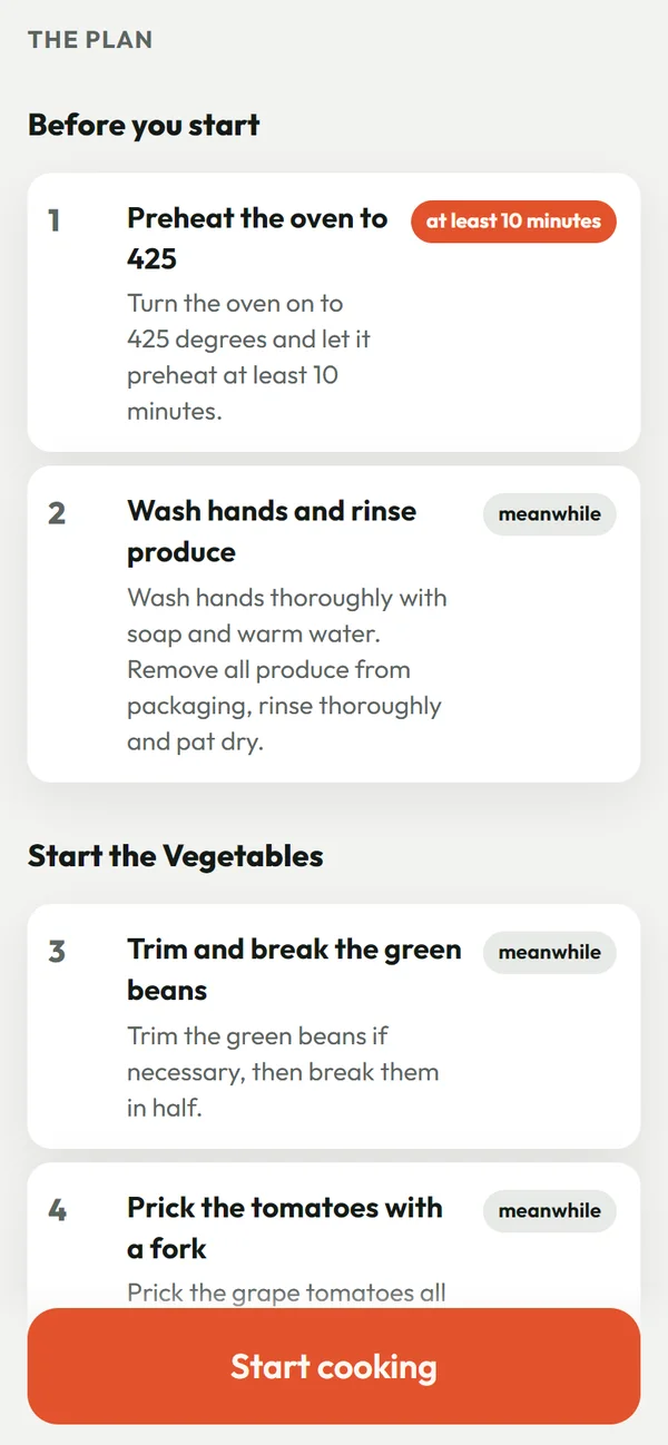 Home Chef Fun on a phone: the recipe card re-cut into a numbered plan, with a 10 minute oven timer and meanwhile steps