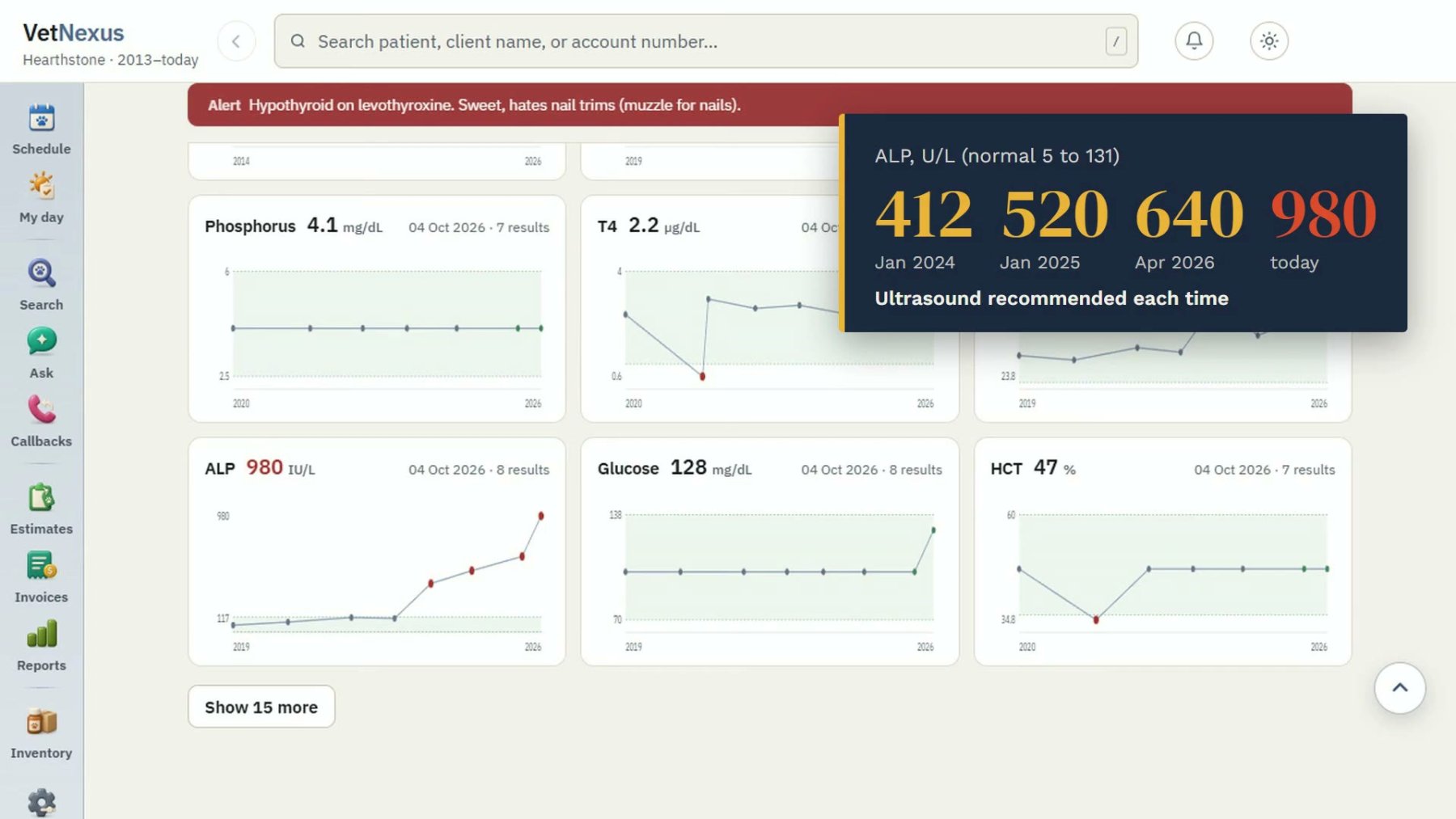 Juniper's lab trends in VetNexus, with her ALP climbing 412, 520, 640, 980 (made-up demo patient)
